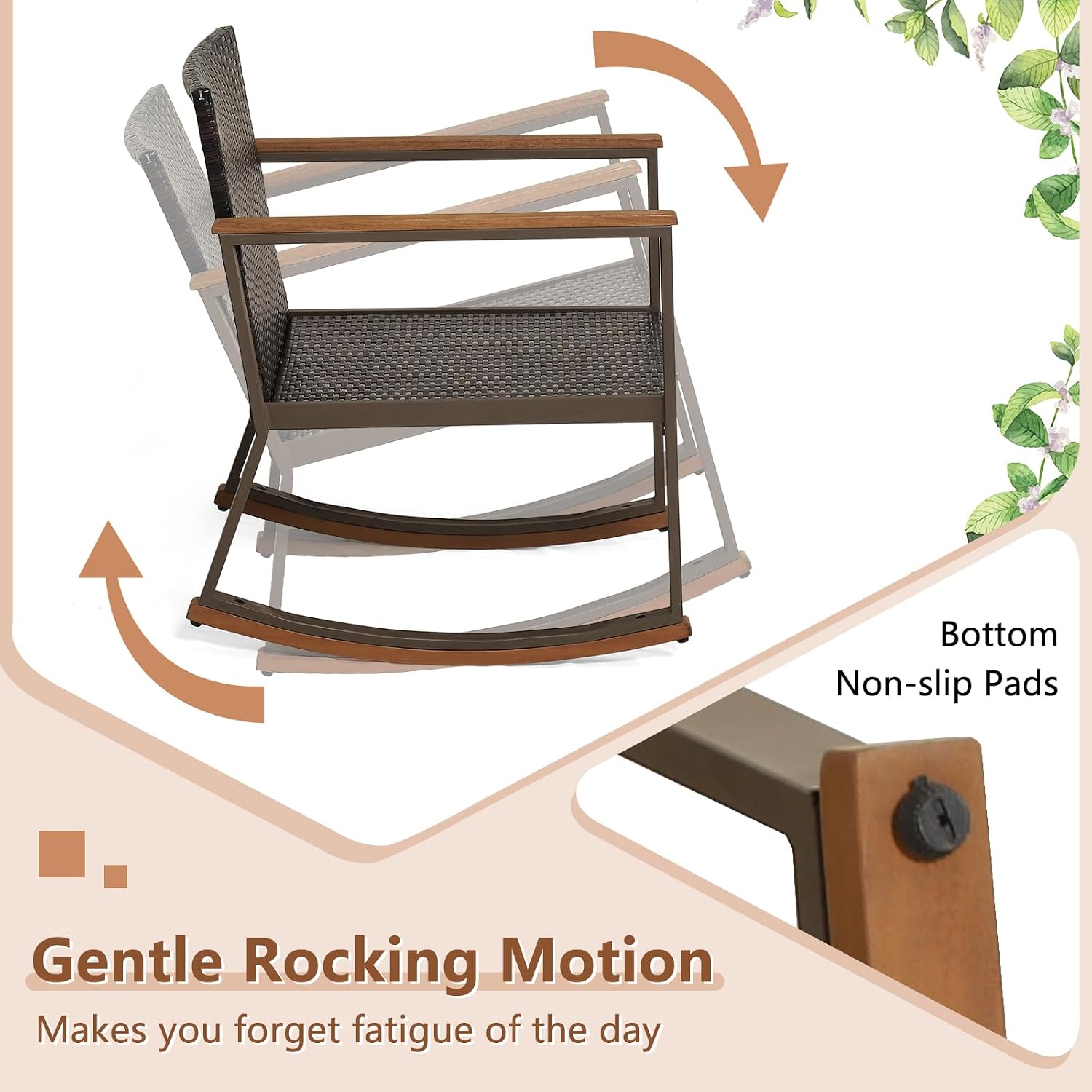 Outdoor Rocking Chair Set, 3 Pieces Patio Set Rocking Chair with Coffee Table & Cushions, Patio Wicker Furniture Set Outdoor Bistro Set for Balcony, Porch & Backyard (Gray)