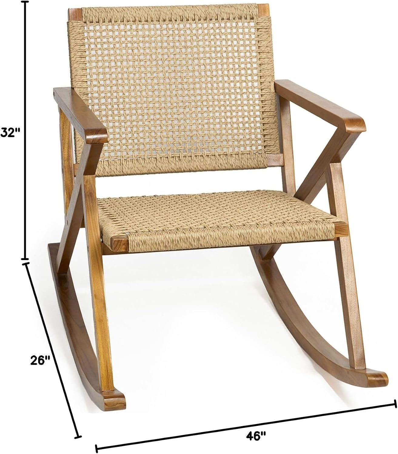 TeakCraft Teak Rocking Chair with Rattan Seat for Adults, Indoor & Outdoor Rocking Chair, Accent Chair, Durable for Patio, Porch, Garden, Living Room, Nursery, Balcony, All Season, The Alinda