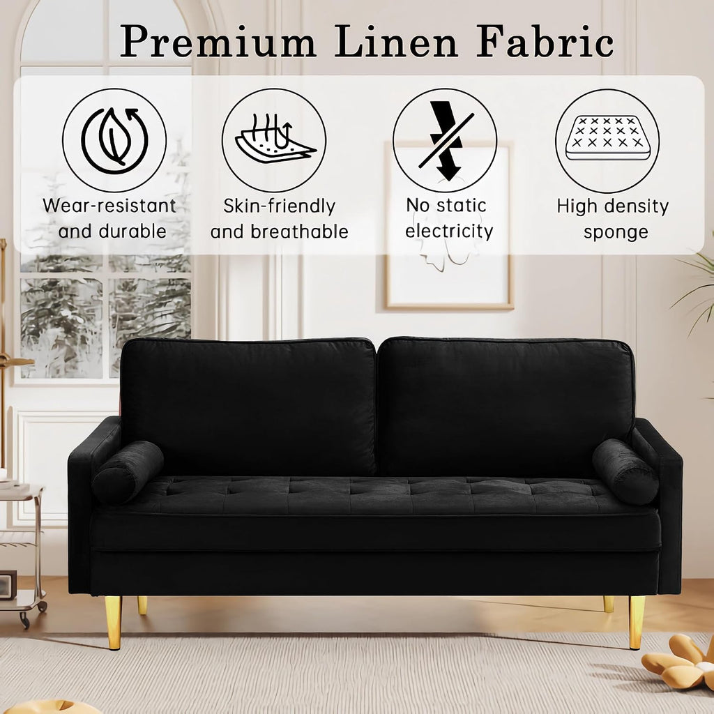 67' Modern Velvet Loveseat Sofa Couch, Mid-Century Tufted Upholstered Small Love Seat Couch with 2 Pillows & 4 Golden Legs, 2-Seats Couches for Compact Space, Living Room, Apartment (Black)