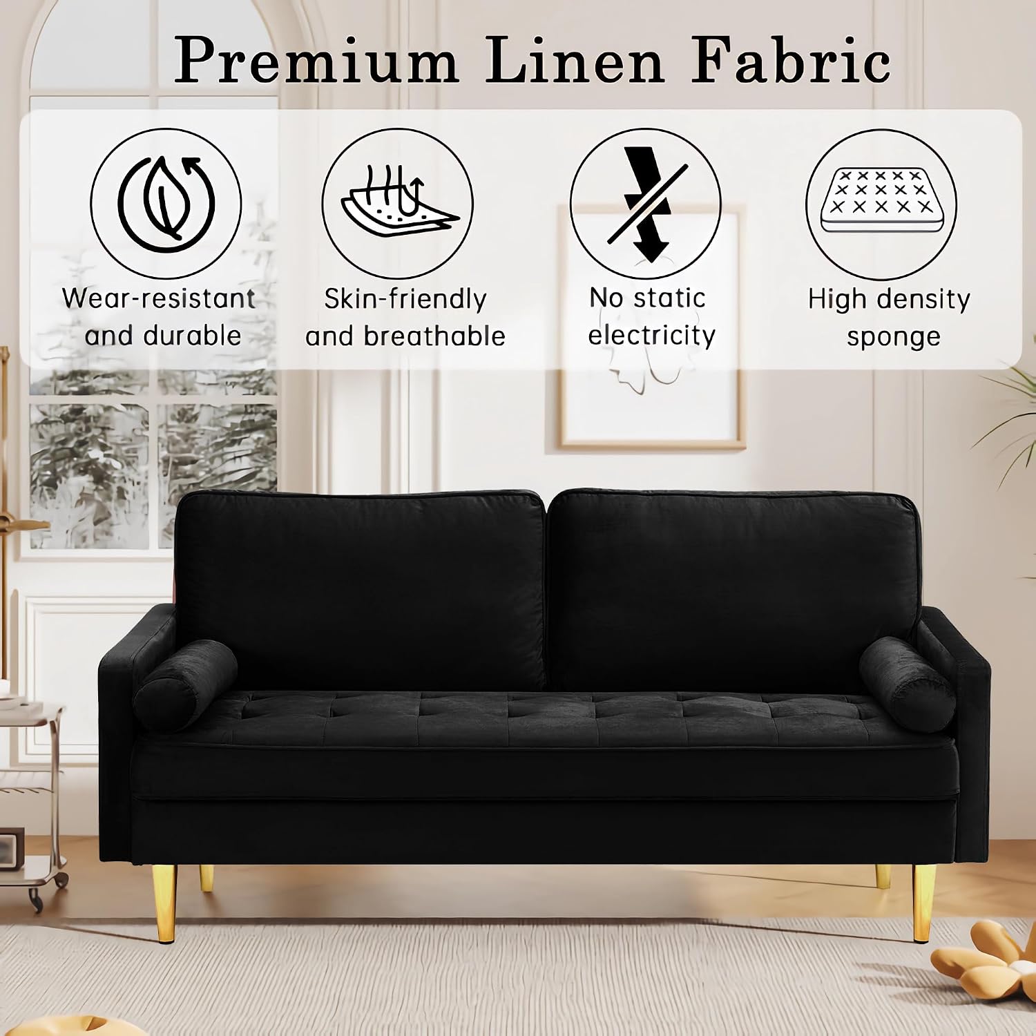 67' Modern Velvet Loveseat Sofa Couch, Mid-Century Tufted Upholstered Small Love Seat Couch with 2 Pillows & 4 Golden Legs, 2-Seats Couches for Compact Space, Living Room, Apartment (Black)