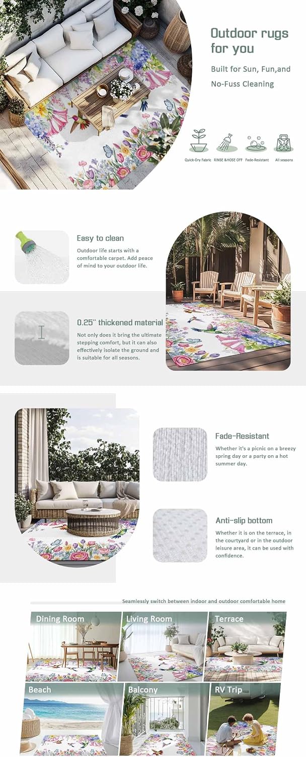 Watercolor Flowers Outdoor Rug for Patio/Deck/Porch, Non-Slip Large Area Rug 4 x 6 Ft, Spring Hummingbird Butterflly Floral Indoor Outdoor Rugs Washable Area Rugs, Reversible Camping Rug Carpet Runner