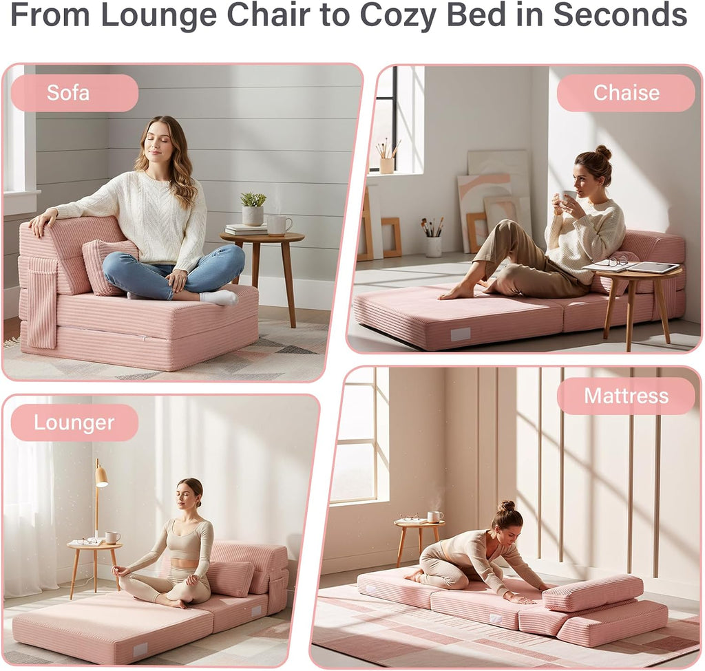 Folding Sofa Bed with Pillow, Convertible Sleeper Chair, Comfy Floor Futon Couch Mattress Lounge Sofa for Adults Portable Fold Out Chair Bed for Living Room Bedroom, Single, Pink