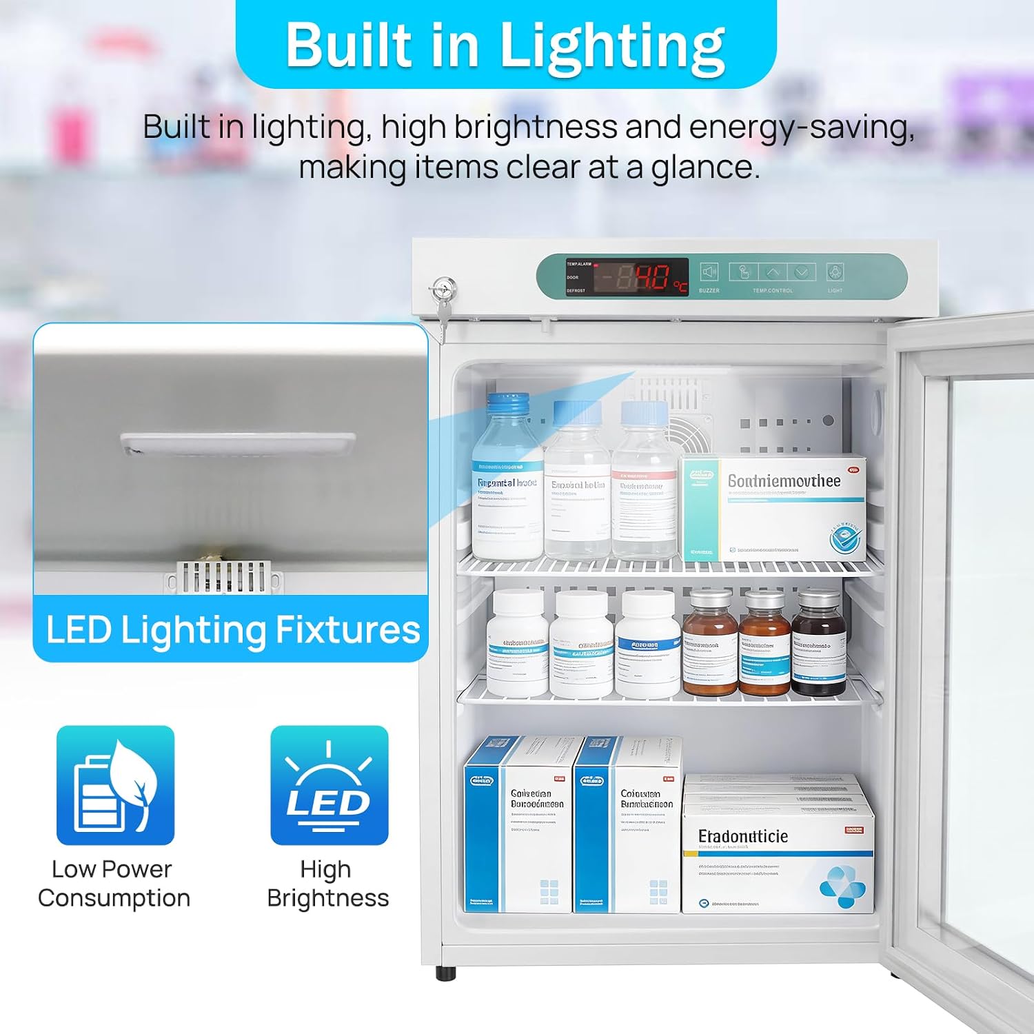 Lab Refrigerator, 2-8℃, 55L/1.9Cu.Ft, LED Lighting Pharmacy Fridge, Small Medical Refrigerator, Digital Thermostat, Designed for Pharmacy, Medicine, Vaccine Storage