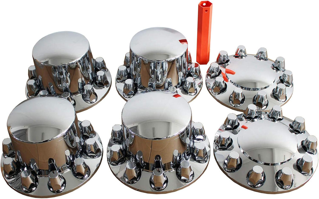 MRJLK Chrome ABS Complete Axle Cover Set with Standard Hub Caps and 33mm Screw-On Lug Nut Covers for Semi Trucks (2 Front and 4 Rear)