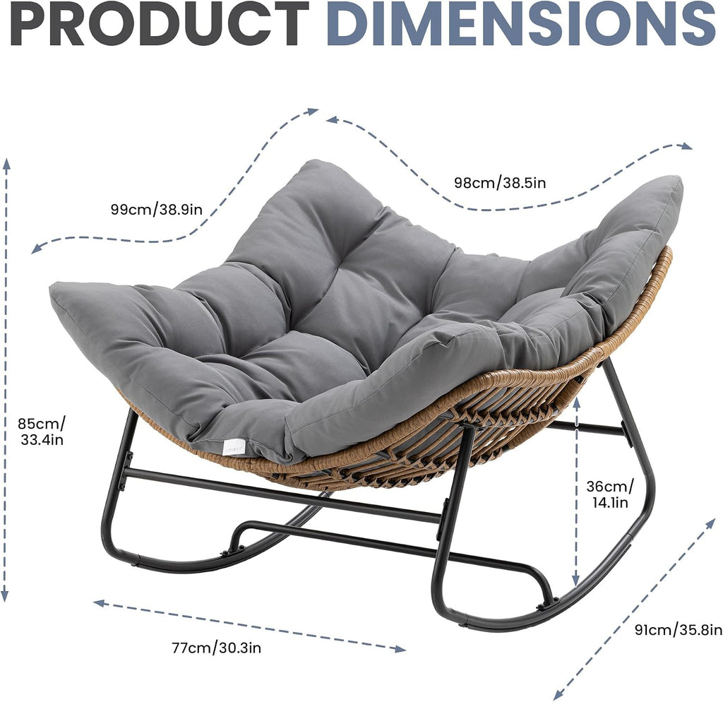 COSIEST Oversized Papasan Rocking Chair with Extra Thick Cushion - 45 in Rattan Wicker Egg Chair for Indoor/Outdoor Use, Swivel Lounge Chair for Patio, Living Room, Bedroom, Grey