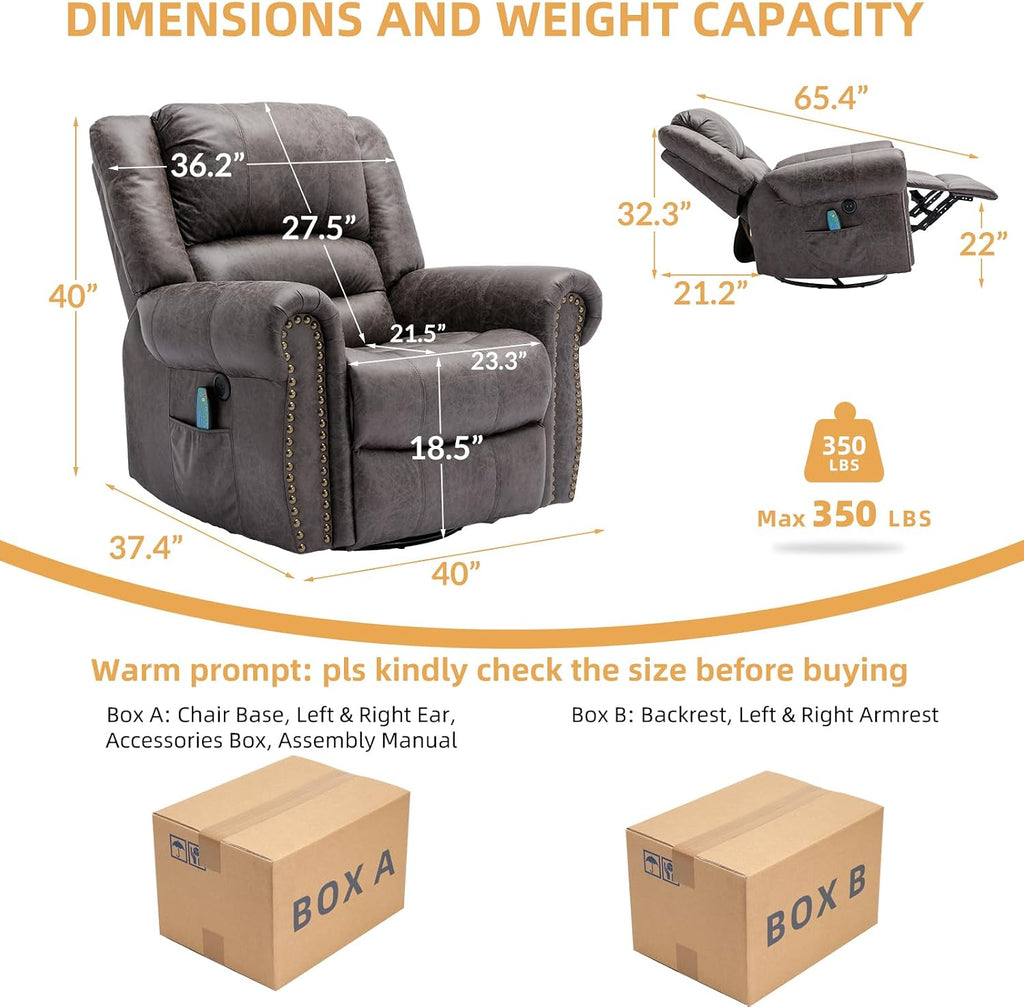 Manual Massage Recliner with Heating Function, 360° Swivel Glider Rocking Recliner Chair for Living Room, Ergonomic Single Sofa Chair with Remote Control/USB Ports/Side Pockets(Grey)