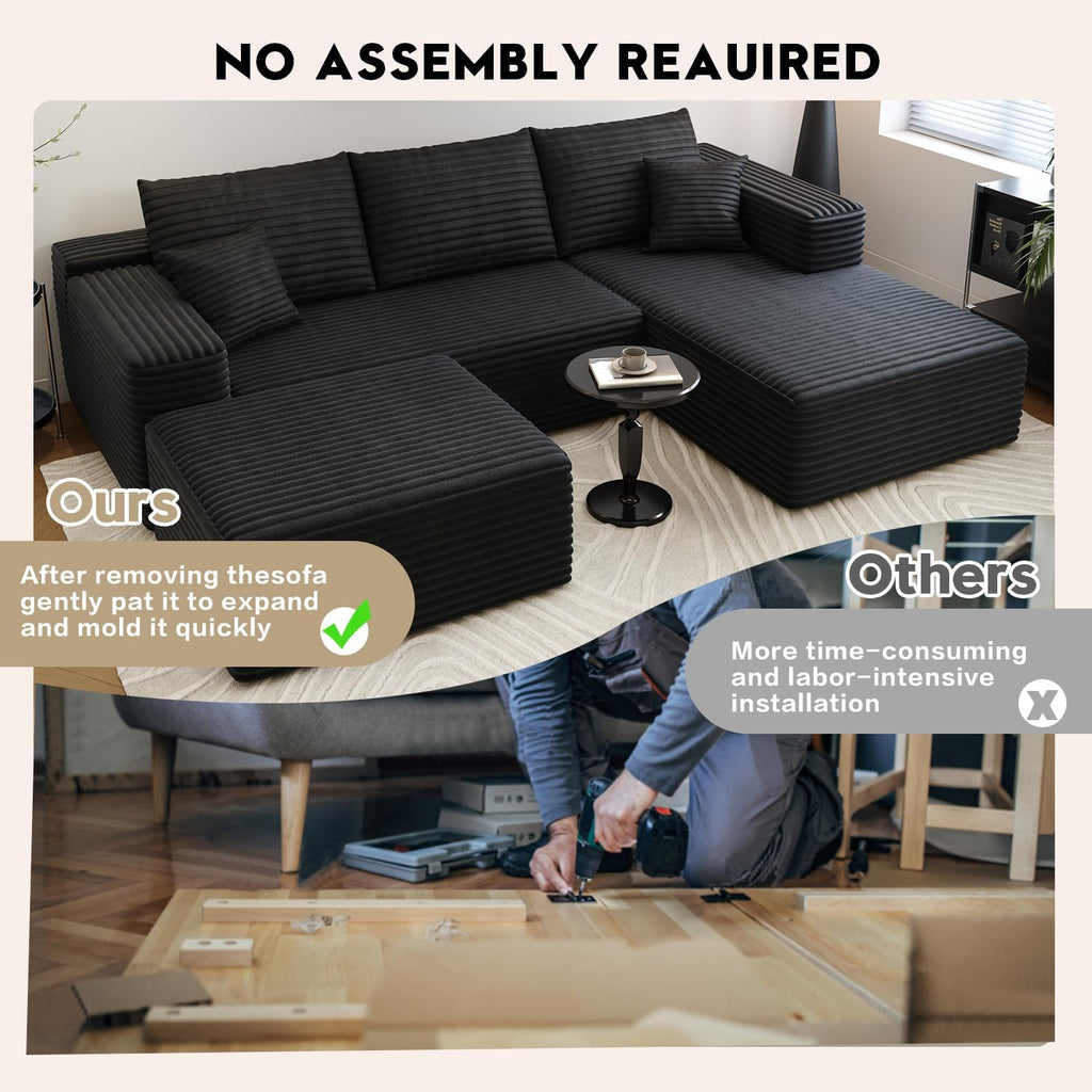 107.5' Cloud Sectional Couch with 1 Ottoman,Modern Modular Sofa with Deep Seat, Comfort U Shaped Sofa Couches for Living Room Bedroom Apartments,No Assembly Required, (Black,Right Facing Chaise)