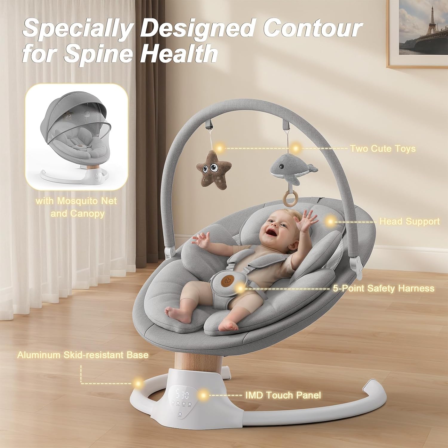 Baby Swings for Infants, FasonBaby Electric Baby Swing with 10 Preset Melodies, 5 Speeds, Remote Control and Bluetooth - Portable Infant Swing for Indoor and Outdoor(Grey)