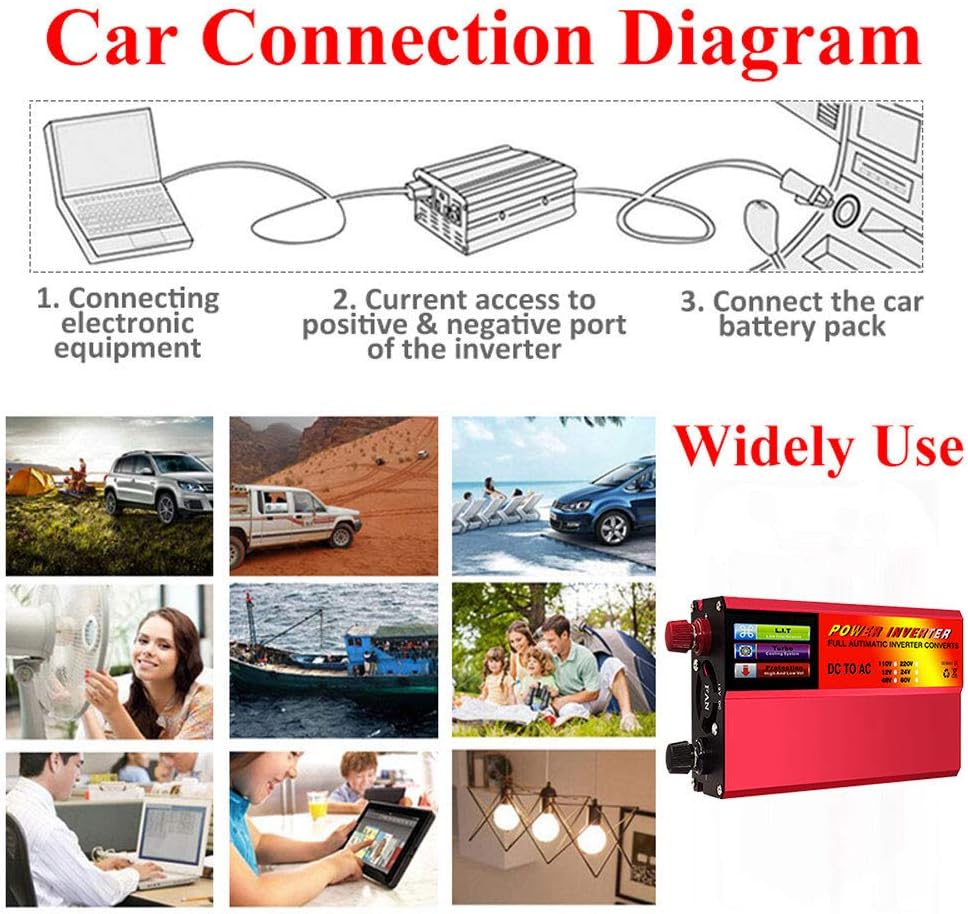 Solar Power Converter 500W/1000W/2000W/3000W DC 12V/24V to AC 110V/220V Modified Sine Wave Inverter with Outlets 1 USB Port and Digital Display,12v to 220v,500W