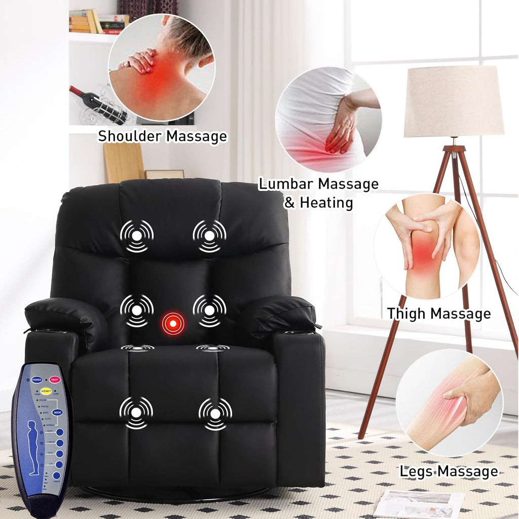 Bonzy Home Oversized Swivel Rocker Recliner, 40' Rocking Recliner Chair with Heated and Massage, PU Leather Single Sofa with Swivel Function, 2 Cup Holders for Living Room Bedroom, Black
