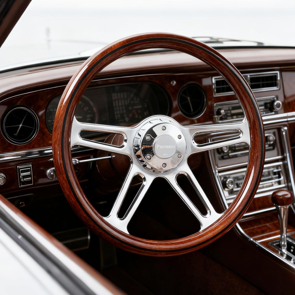 18 in Solid Wood lacquering Truck Steering Wheel,4 Spokes 5-Bolt Chrome Aluminum Classic Wood Grain Steering Wheel 5 Bolt fit For Kenworth,for Peterbilt,for Volvo,for Freightliner