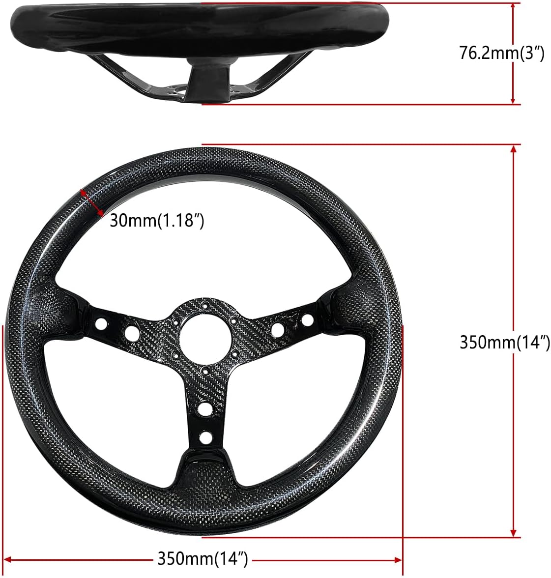 Universal 350mm Real Carbon Fiber Racing Steering Wheel Black | 3' Depth, Hard and Lightweight ,6 Holes JDM