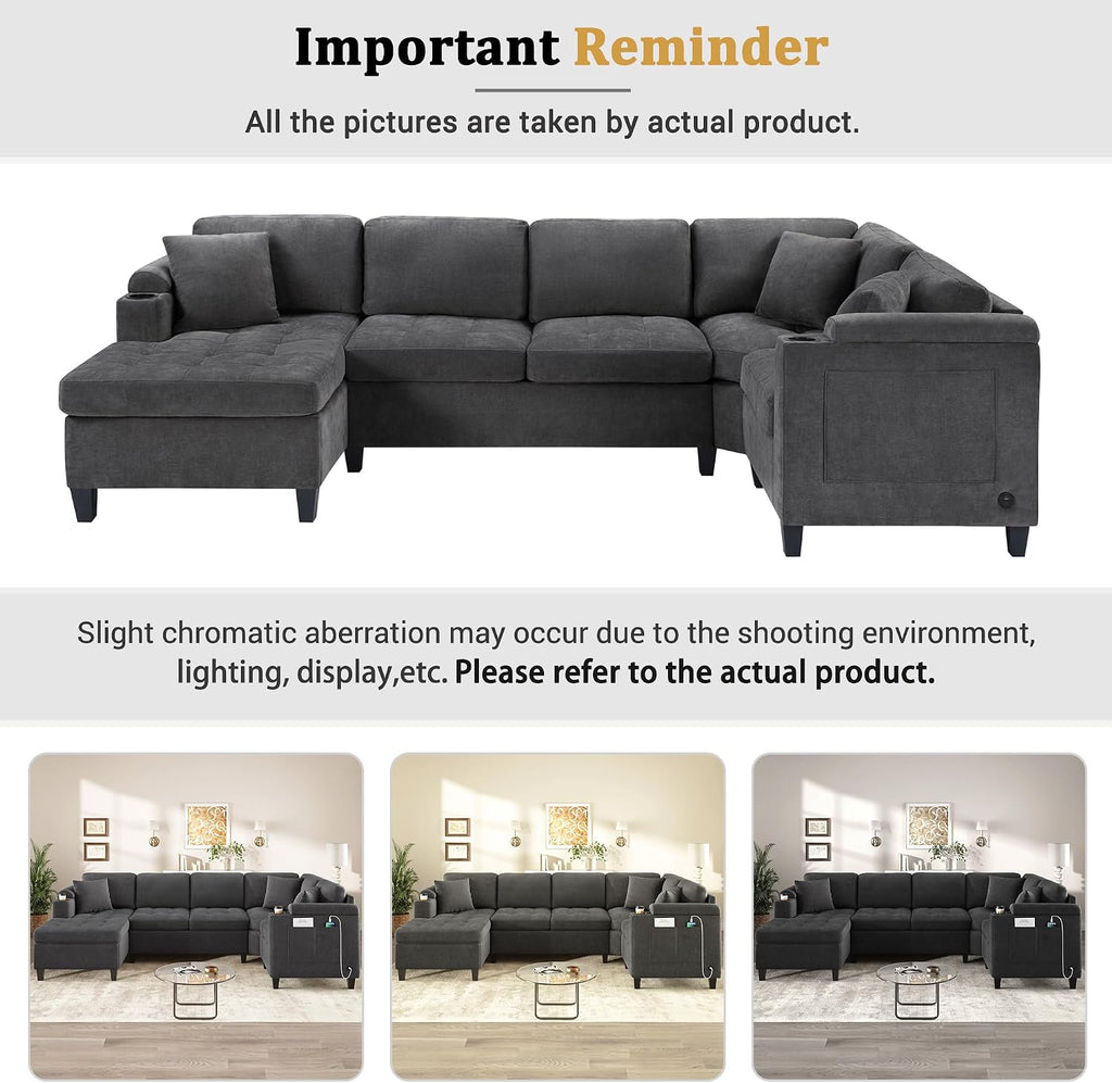 Merax 115.7' U-Shaped Chenille Sectional Sofa, 4 Seat Corner Couch Oversized with Built-in Cup Holders, 3 Pillows, Storage Space for Living Room, Grey