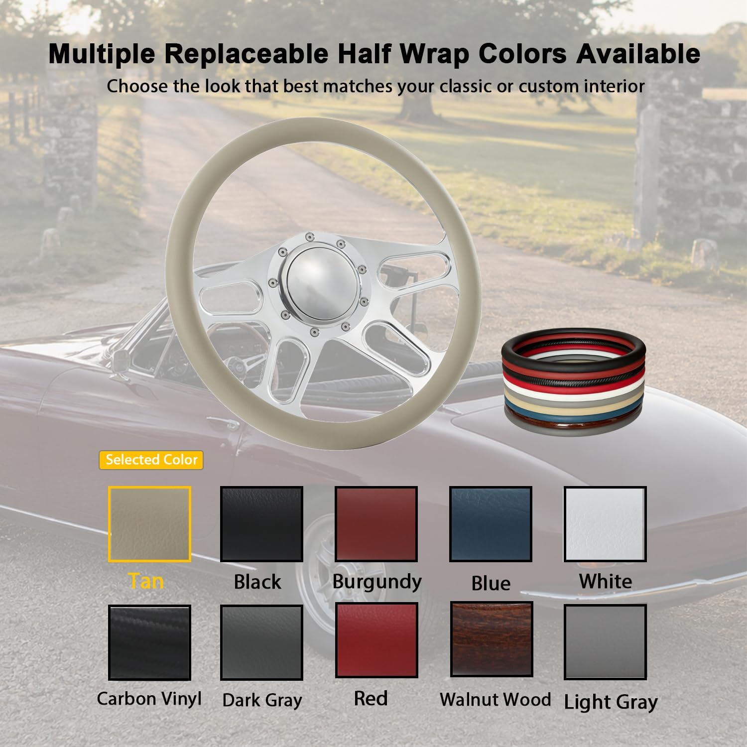 14'' Billet 4-slot Half Wrap 9 Bolts Steering Wheel with 2'' Dish and Horn Button Compatible with Chevy, Ford, GM (Tan)
