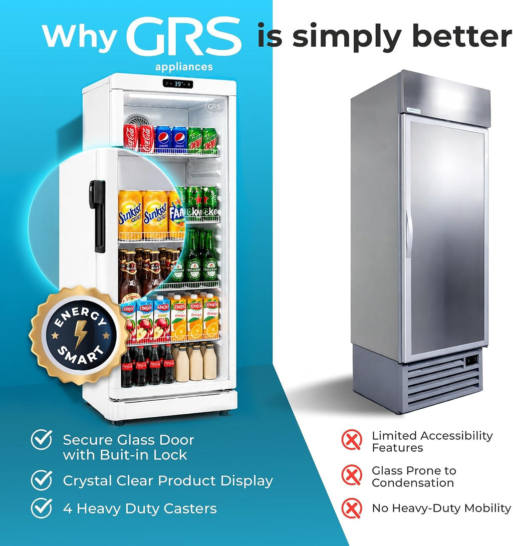 GRS Commercial Display Refrigerator with Glass Door Lock | Cool Air Flow & Temperature | Beverage fridge, Drink and Wine Cooler with Adjustable Display Shelf for Stores and Bars | Silver, 7.1 Cu. Ft