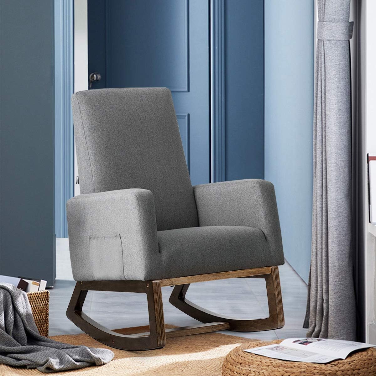 Giantex Rocking Chair Upholstered Living Room Chair with Padded Back and Seat, Wood Base, Rocking Chair for Nursery, Home Office & School Use (Gray)