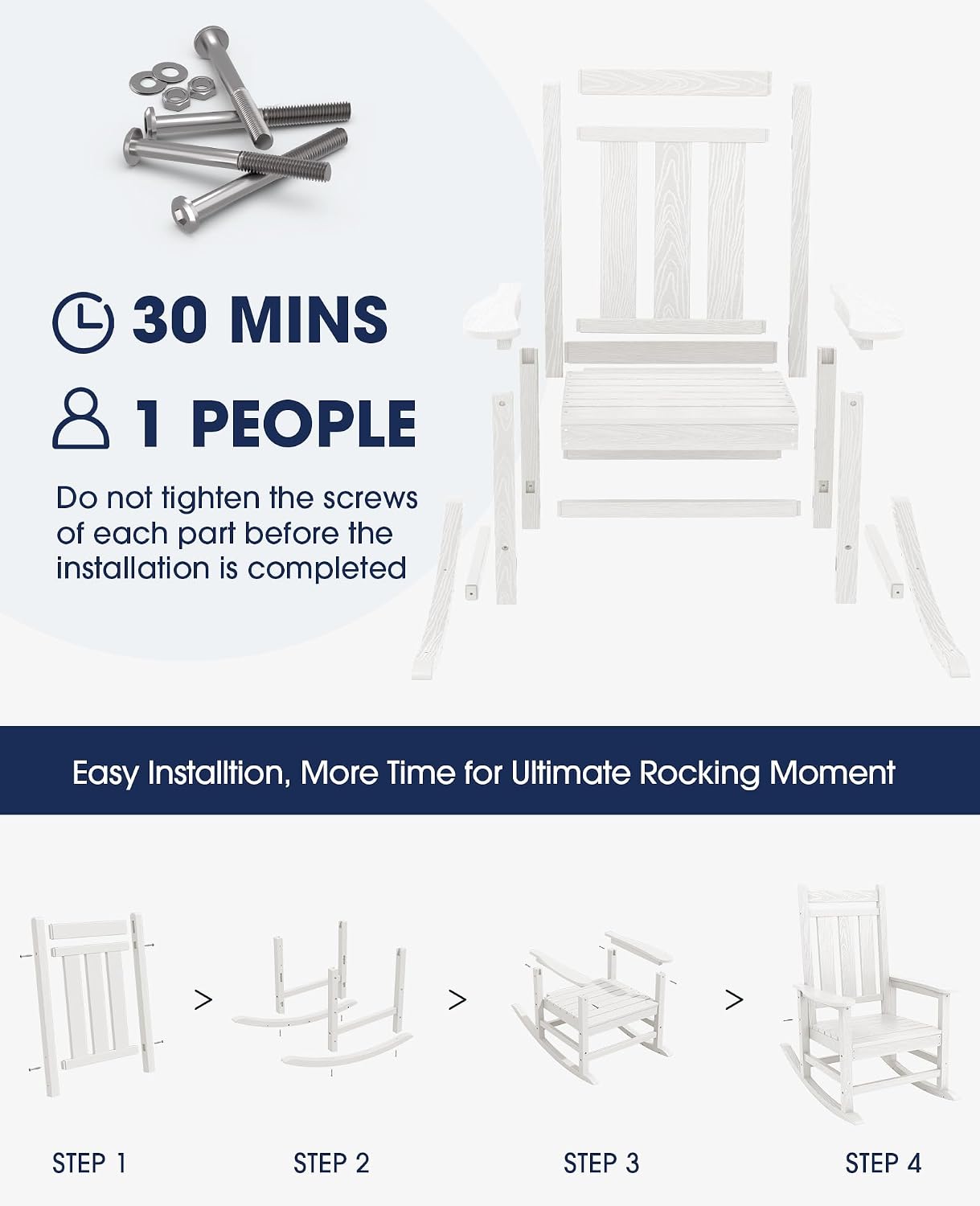 KINGYES Oversized Outdoor Rocking Chair Set of 6, All-Weather Patio Rocking Chairs for Porch, HDPE Outdoor Patio Recliner Rockers with High Back & Wide Seat for Garden, Lawn, White