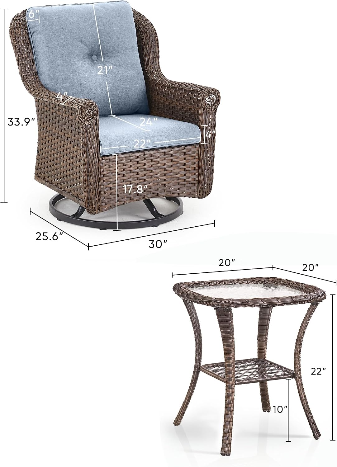 3 Piece Patio Swivel Chairs and Side Table Set - High Back Outdoor Brown Wicker Rattan Rocking Glider with Thick Cushions for Porch Apartment Deck Yard Poolside Garden - Baby Blue