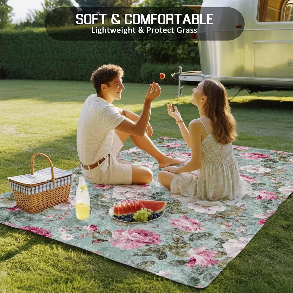 Vintage Spring Floral Outdoor Rug for Patio/Deck/Porch, Non-Slip Large Area Rug 5 x 8 Ft, Botanical Summer Pink Green Indoor Outdoor Rugs Washable Area Rugs, Reversible Camping Rug Carpet Runner