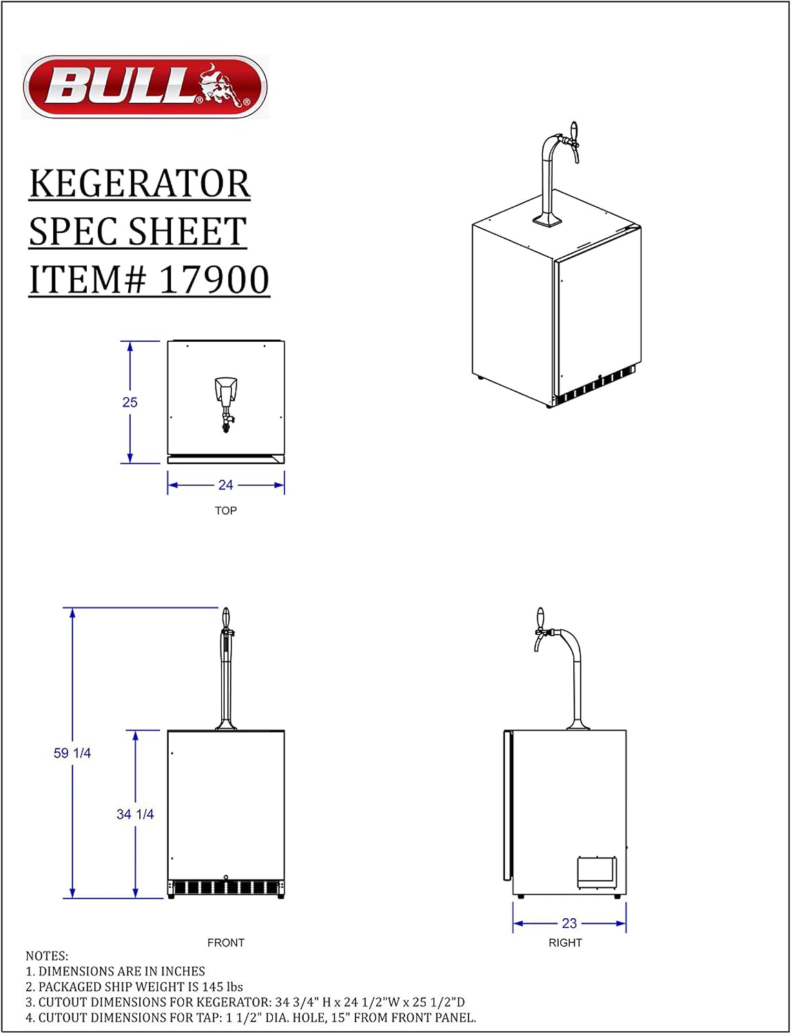 Bull Outdoor Products Outdoor Rated Kegerator – 304 Stainless Steel Single Tap Beer Fridge with Digital Temperature Control, Front Venting, and Locking Door – Built-In or Freestanding