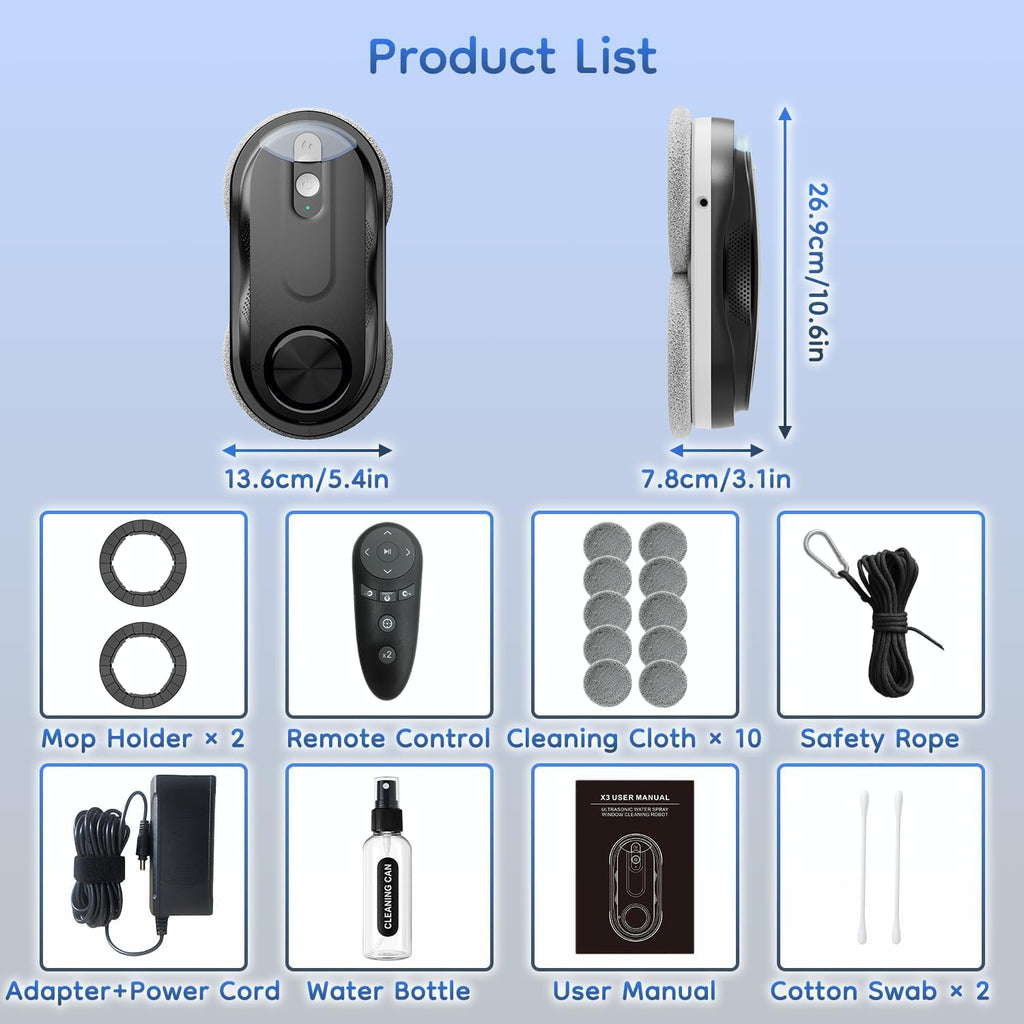 KKI Window Cleaning Robot, Automatic Window Cleaner Robot, Dual Spray, Max 3200Pa, AI Path Planning & Edge Detection, Remote Control for High-Rise Windows, Glass,Door,10xCloths, X3