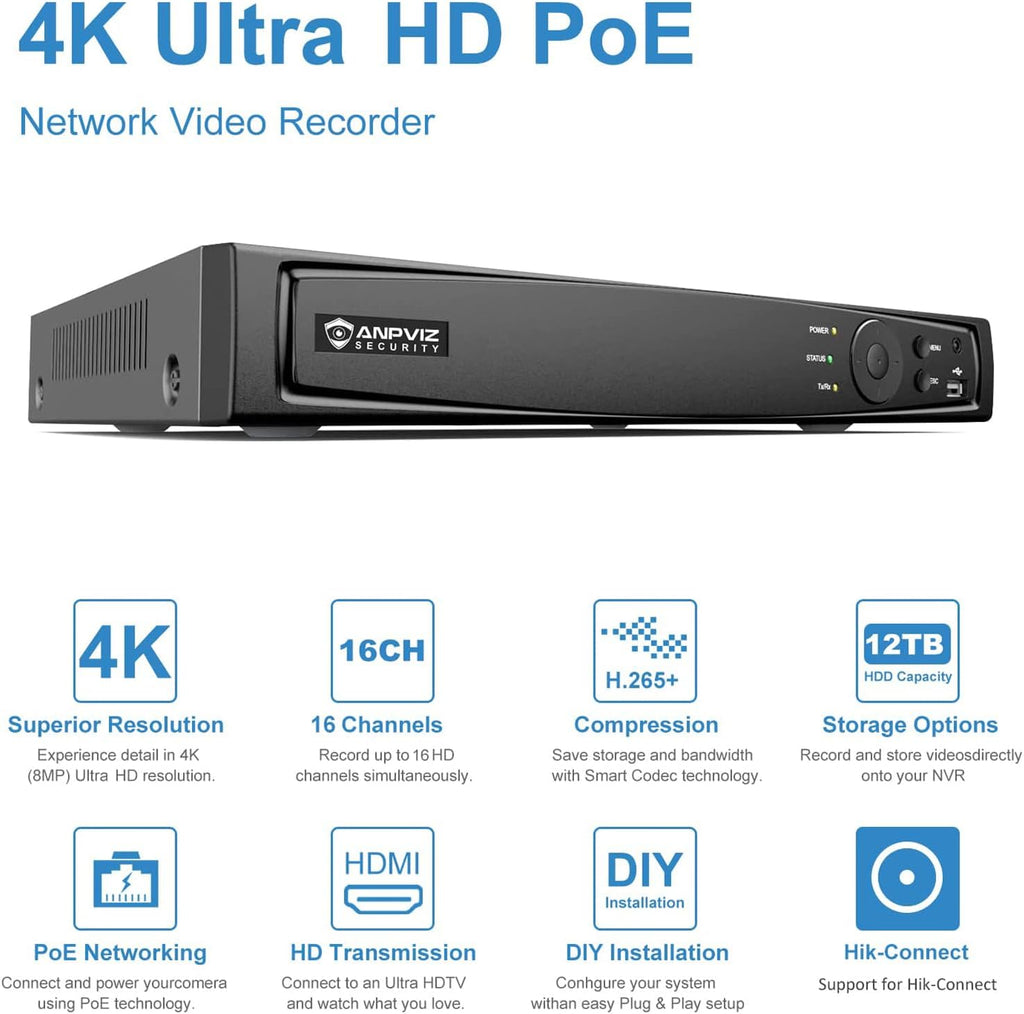 Anpviz AI 12MP 16CH POE NVR (12MP/8MP/6MP/5MP/4MP) Smart AI POE Network Video Recorder - Supports up to 16 x 12MP POE Cameras, 16-Channel Power Over Ethernet (Not Included HDD) NVR7616Q2-16P(H Series)