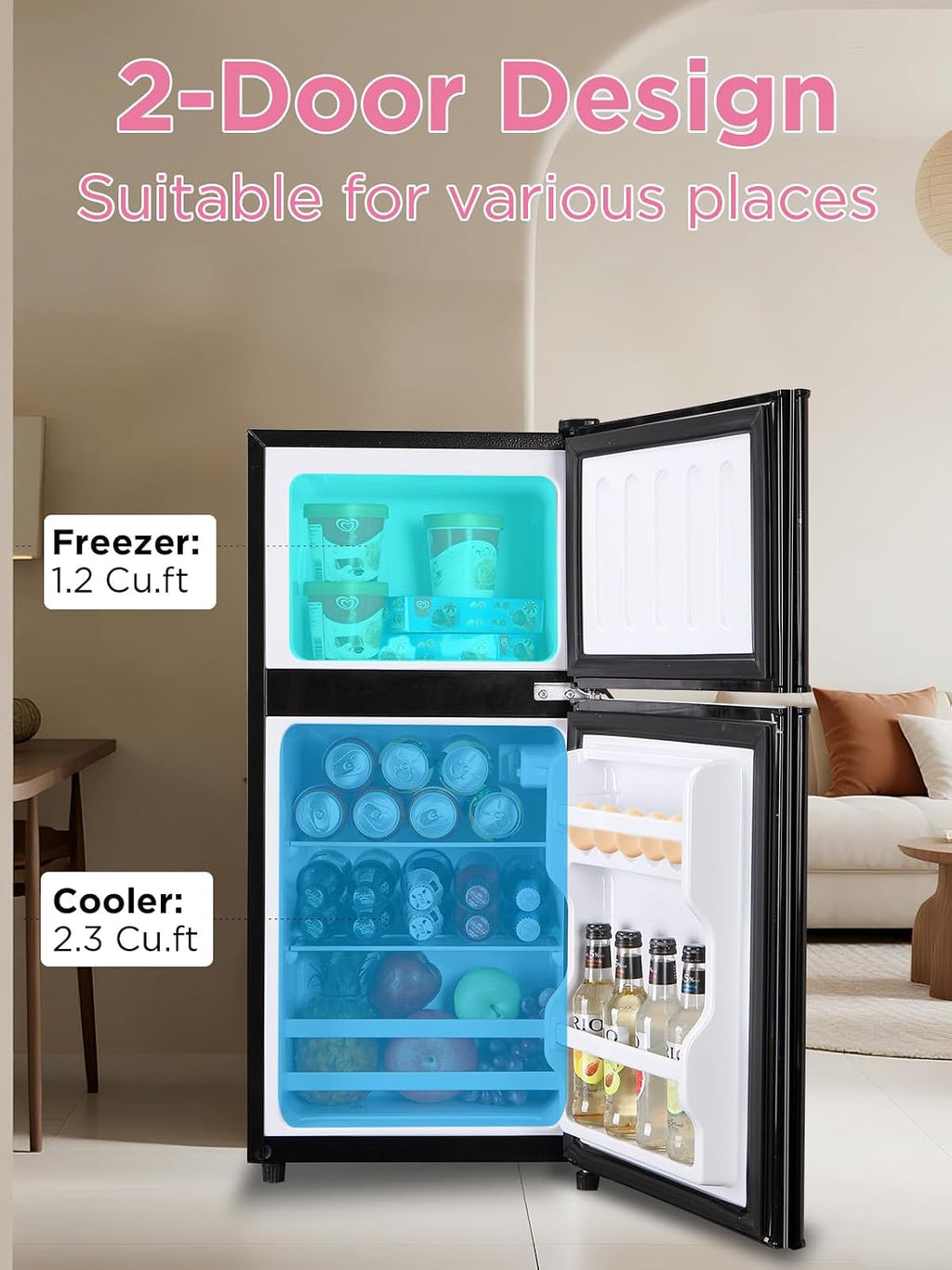 F.W.WOOLWORTHS 3.5 Cu.Ft Refrigerator with Freezer, 2-Door Fridge, Adjustable Thermostat, for Dorm, Office, Bedroom, RV, Black