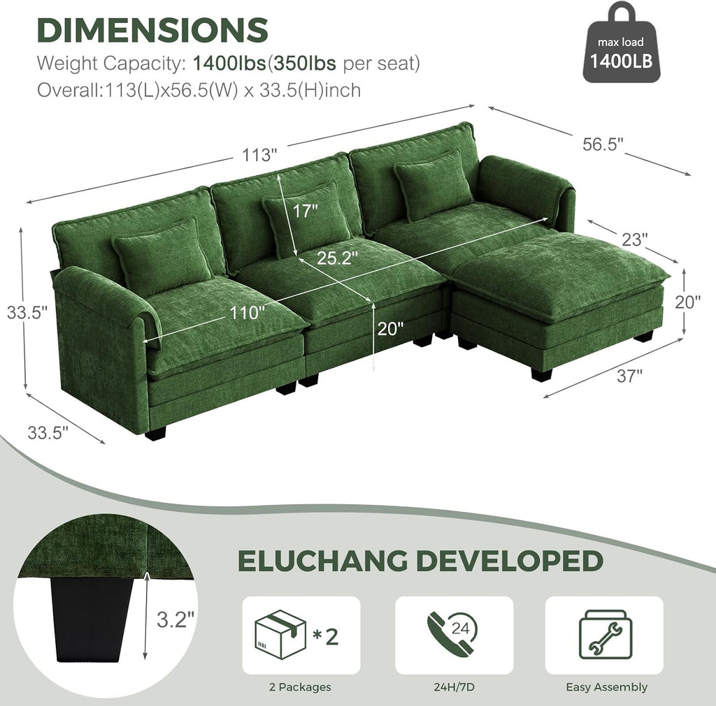 ELUCHANG 116' L Shaped Modular Sectional Cloud Couch with Pillow, Deep Seat Sofa Couches for Living Room, 4-Seat Modern Sofa with Movable Ottoman, Chenille Green