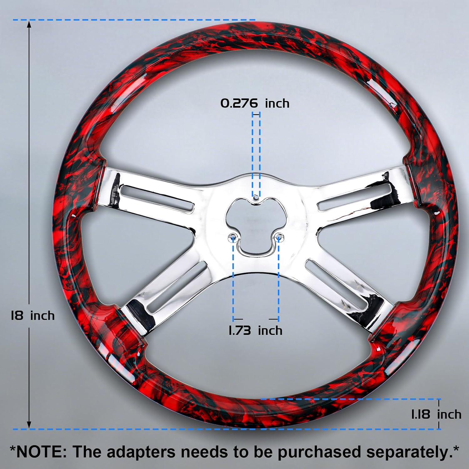 Sorghum 18' Solid Wood Steering Wheel - Hydrographic Red Skulls 4 Spokes Aluminum Chrome Steering Wheel with Horn Button for Trucks Compatible with Mack Kenworth Peterbilt Volvo Freightliner