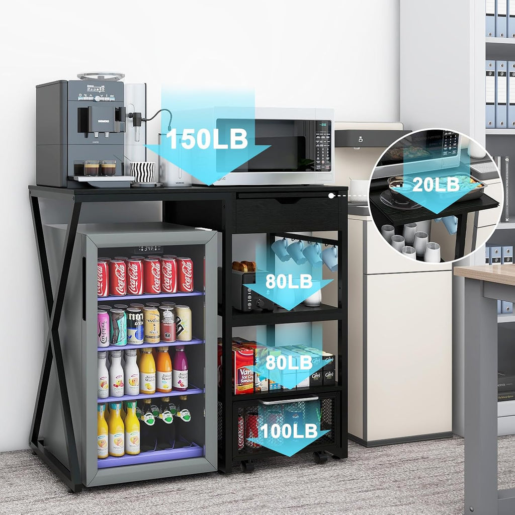 PUNCIA Coffee Bar Cabinet with Mini Fridge Space, Mini Fridge Stand with Power Outlet and Drawer, Wine Refrigerator Stand with Work Platform, Microwave Oven Rack for Dorm, Home Kitchen, Black