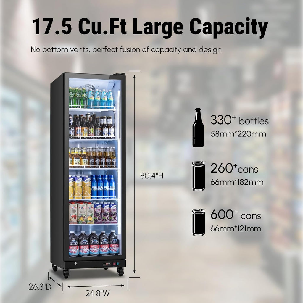 Yeego Commercial Refrigerators - 17.5 Cu.Ft Glass Door Commercial Beverage Refrigerators with Dual LED Light & Adjustable Shelves, 32-50°F Commercial Cooler for Stores Bakery Bar Offices Restaurants