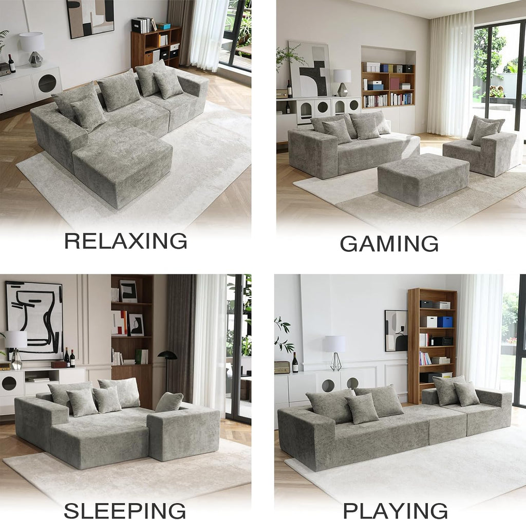 Sytopia 109' L-Shaped Cloud Couch, Modular Sectional Sofa with Deep Seat for Living Room Bedroom, Modern Floor Couch Chenille, Comfy Sleeper Futon Sofa Bed 40D Foam Furniture, Left Facing