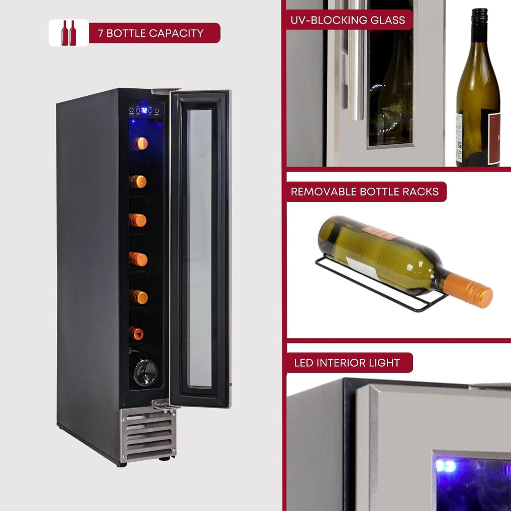 Koolatron 7 Bottle Wine Fridge Cabinet Built-In Cooler with Glass Door Front Vent Compressor Refrigerator For Beverage Can Bar Red White & Sparkling Wine Champagne 0.6 cu ft (Silver Black 18 L)