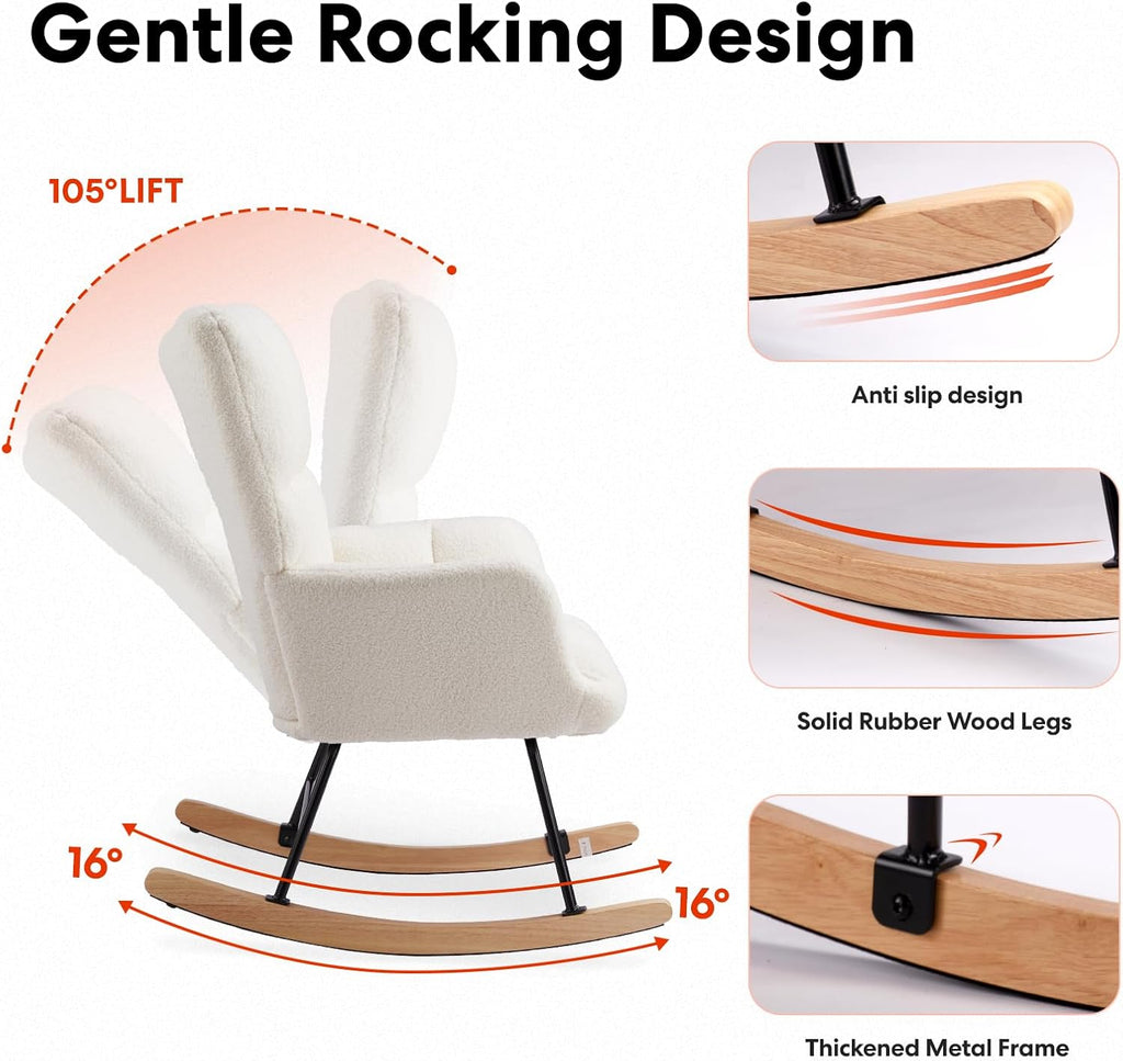 YSSOA Rocking Chair Nursery Teddy - Upholstered Comfy Glider Rocker with High Back Armchair, Cozy Reading Recliner Fluffy Comfortable Chair for Bedroom, Baby Room, Living Room and Study, Beige