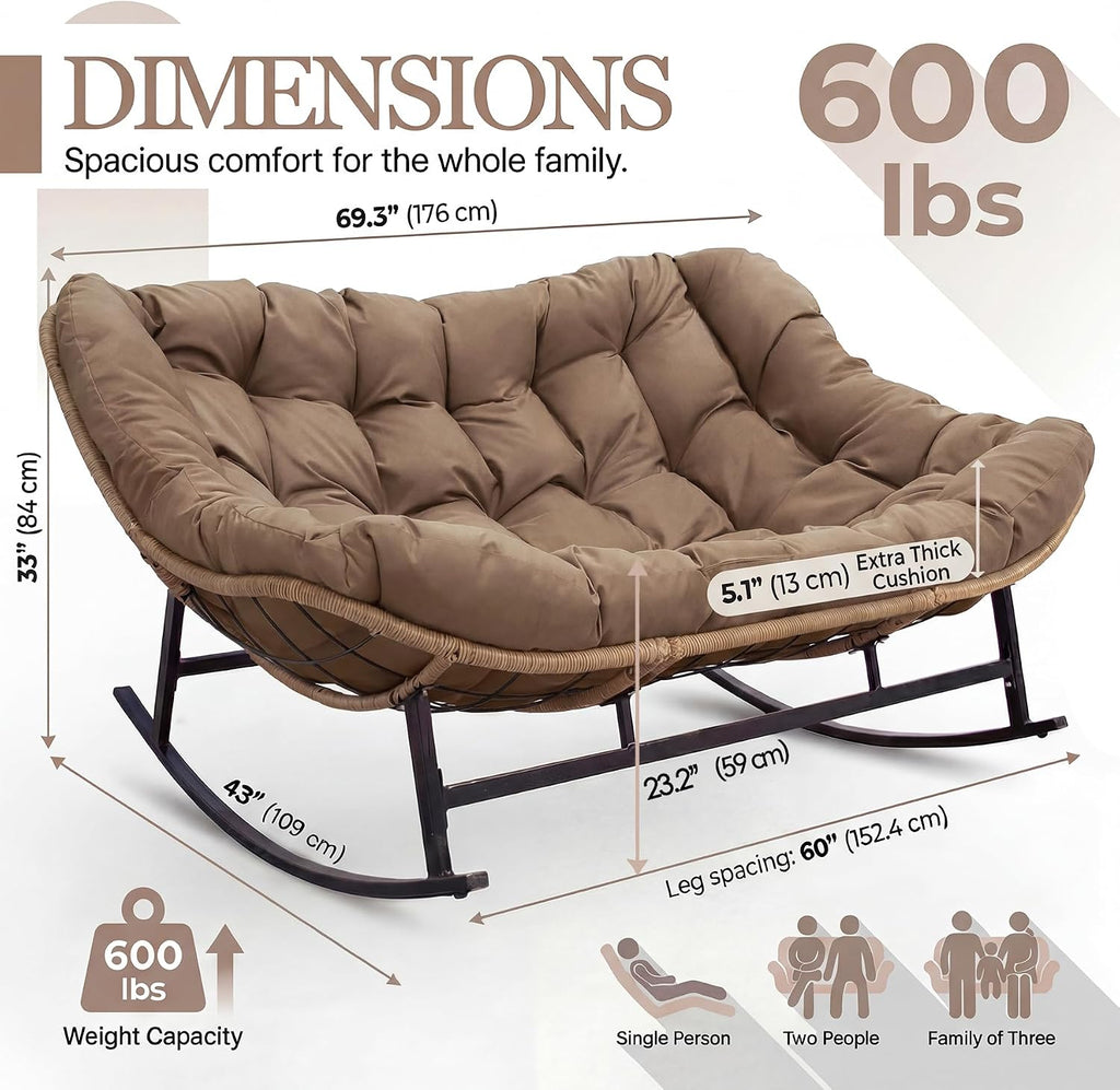 NICESOUL Patio Papasan Rocking Chair for 2, Indoor Outdoor Double Egg Recliner Rocker w/Padded Cushion, Large Wide Oversized Rattan Lounge Glider for Living Room Balcony Inside Outside, Brown