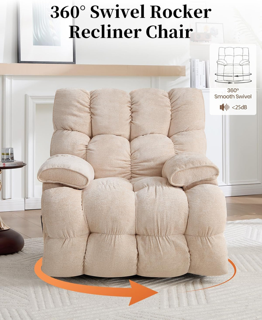 Oversized Manual Recliner Chair with 360° Swivel, Big and Tall Rocker Glider for Nursery Living Room, Chenille Overstuffed Reclining Sofa with Handle, 375lbs (Beige, Manual)
