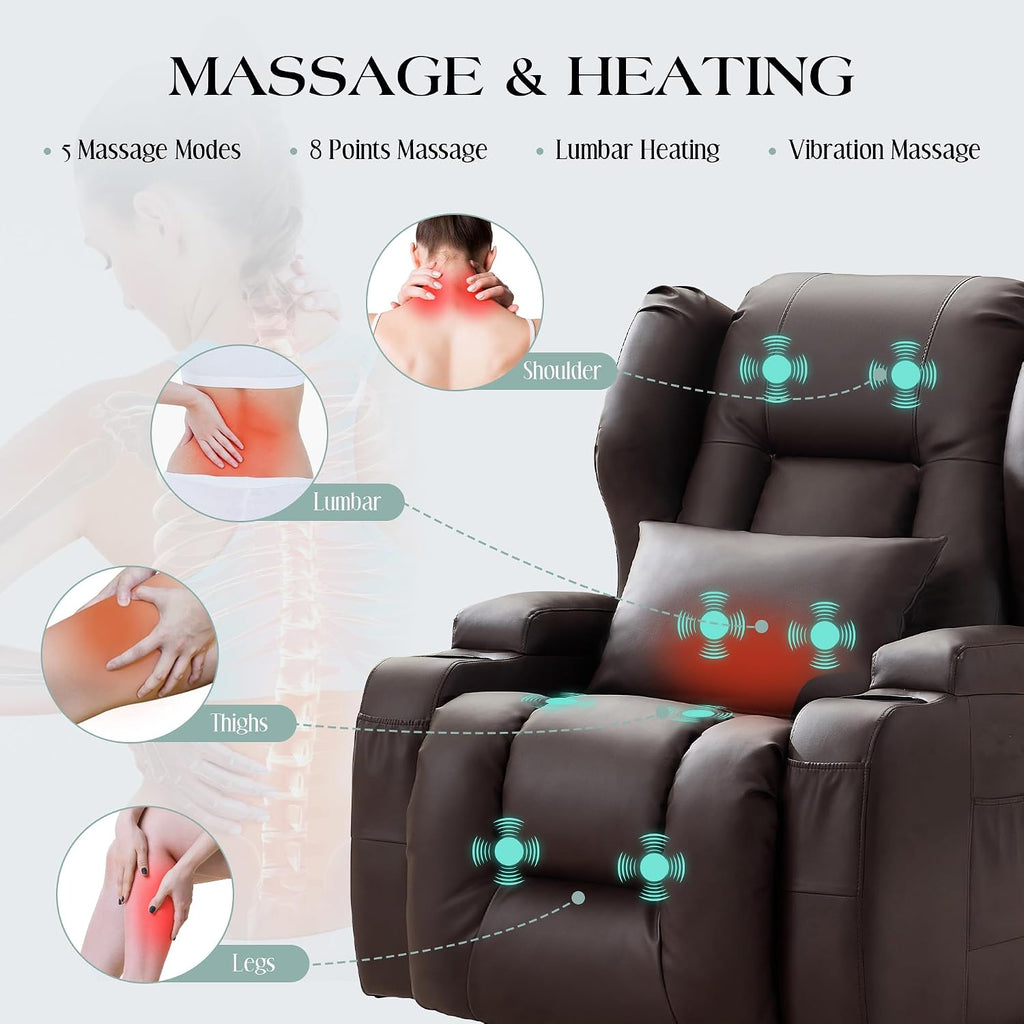 TUNYI Power Recliner Chair - Faux Leather Home Theater Seating Glider Reclining Sofa with Massage & Heat Swivel Rocker Recliner Chair for Living Room with LED Light/USB Port/Lumbar Pillow (PUBrown)