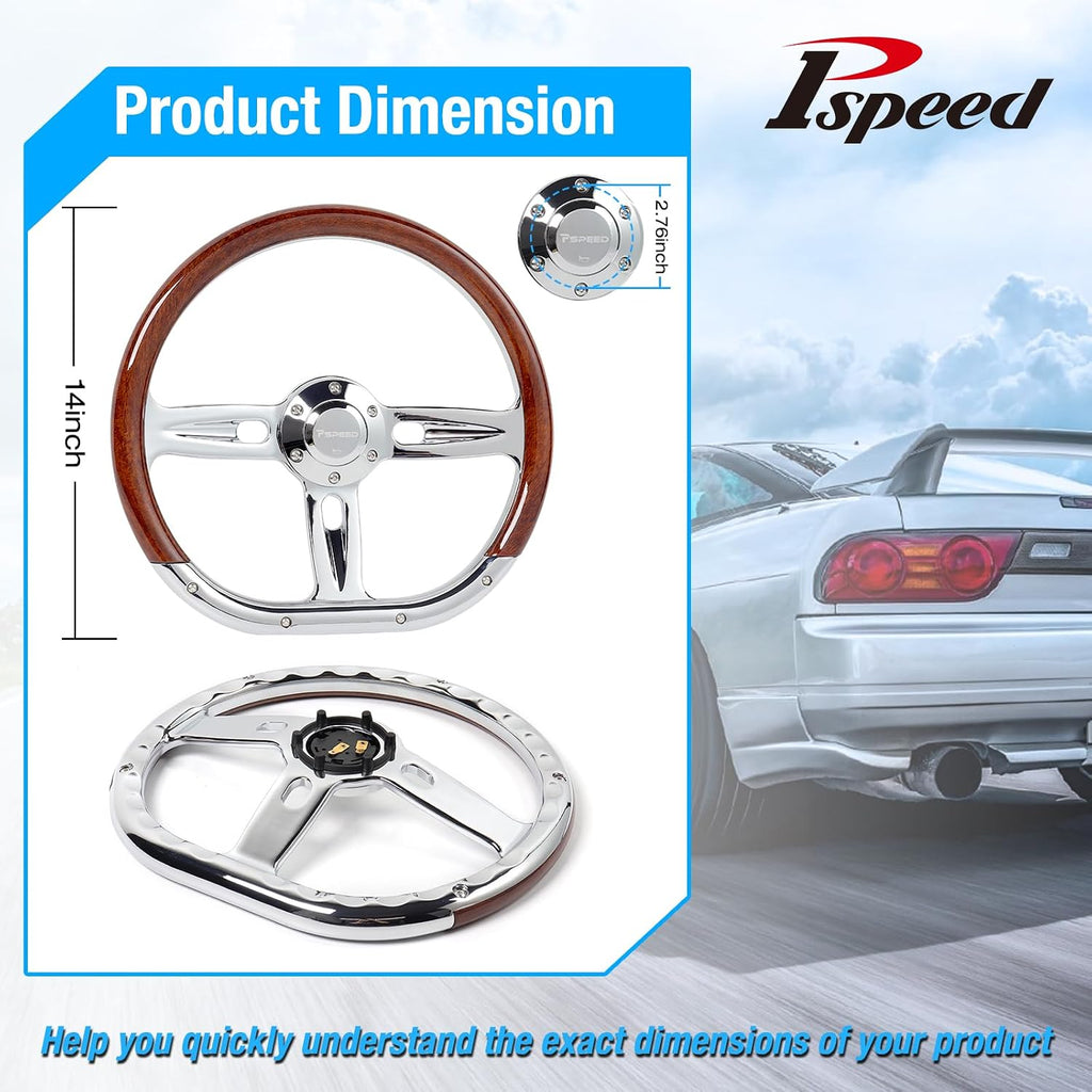 14 inch Wood D-shaped Universal steering wheel, 6 Bolt 3 Spokes Chrome-Plated aluminum alloy,50mm Deep Dish with horn Fit for Vintage,for Racing,for boat for Classic car steering wheel