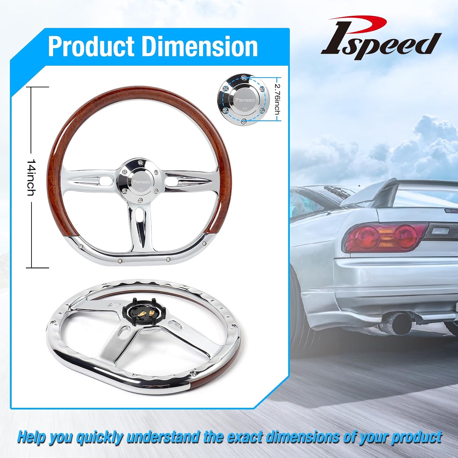 14 inch Wood D-shaped Universal steering wheel, 6 Bolt 3 Spokes Chrome-Plated aluminum alloy,50mm Deep Dish with horn Fit for Vintage,for Racing,for boat for Classic car steering wheel