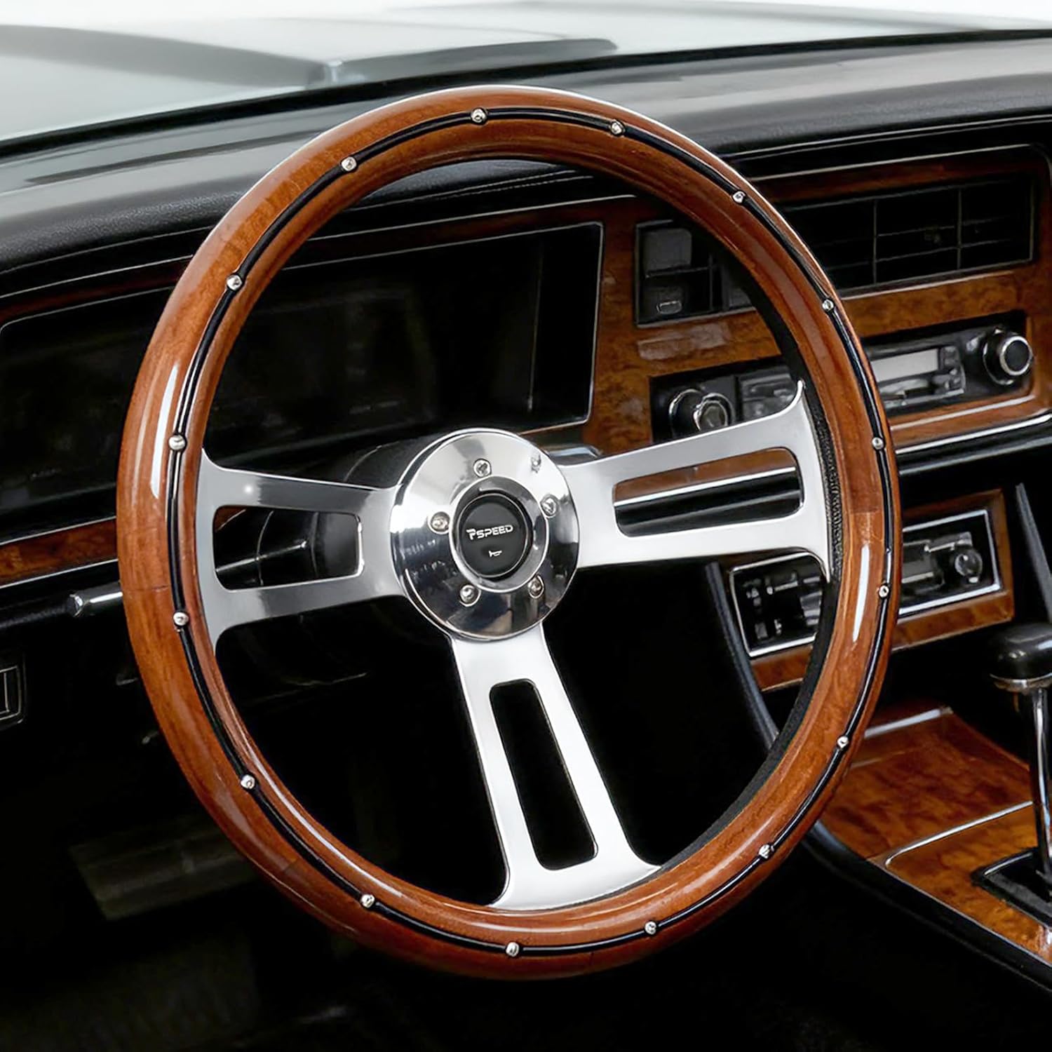 18' Solid Wood lacquering Truck Steering Wheel,Real Wood Grip 3 Spokes 5-Bolt Chrome-Plated aluminum Classic Steering Wheel fit for Kenworth,for Peterbilt,for Volvo,for Freightliner