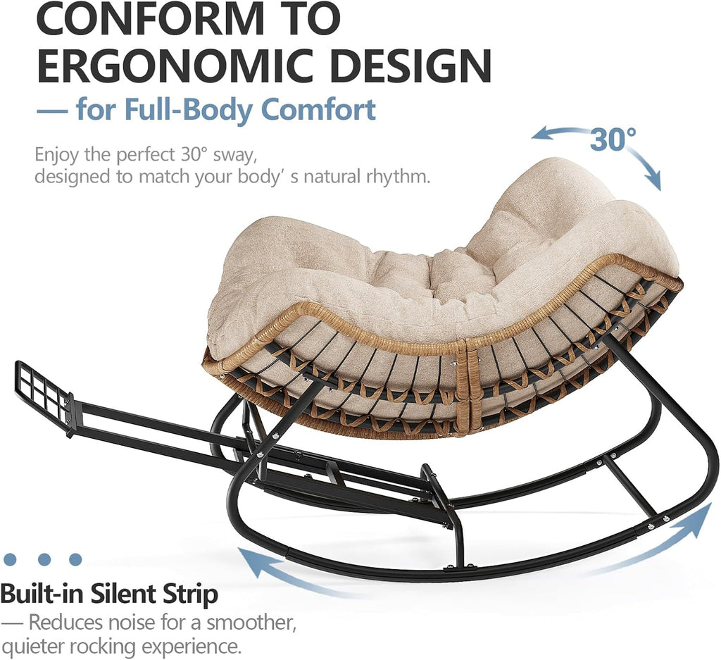 SWITTE Outdoor Papasan Rocking Chair with Footrest, Oversized Patio Egg Chair with Thick Cushion, Indoor Wicker Lounge Rocker Bed for Balcony, Porch, Garden, Beige