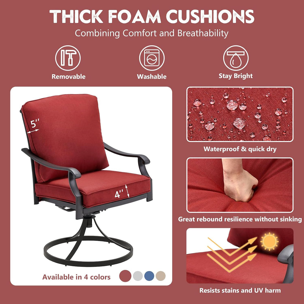 MELLCOM Patio Swivel Chair Set of 2, Heavy Duty Outdoor Dining Chairs with Thickened Cushions, Metal Patio Chairs Gentle Rocker for Outside, Garden Lawn & Porch, Backyard, Red