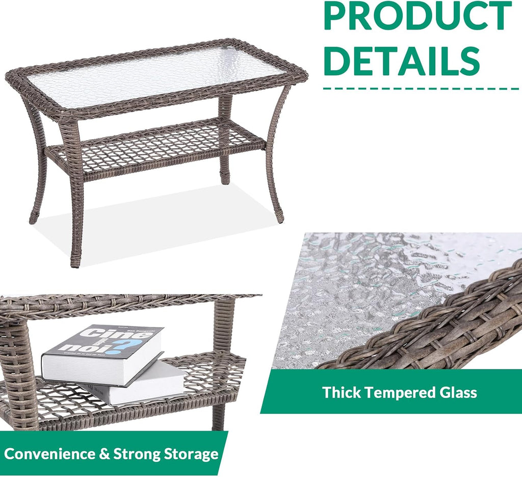 VIVIJASON 4-Piece Outdoor Patio Wicker Conversation Sets, All Weather Outdoor Rattan Furniture Set Includes Glider Loveseat, Coffee Table, 2 Glider Rocker Chairs w/Cushion for Lawn Balcony, Grey