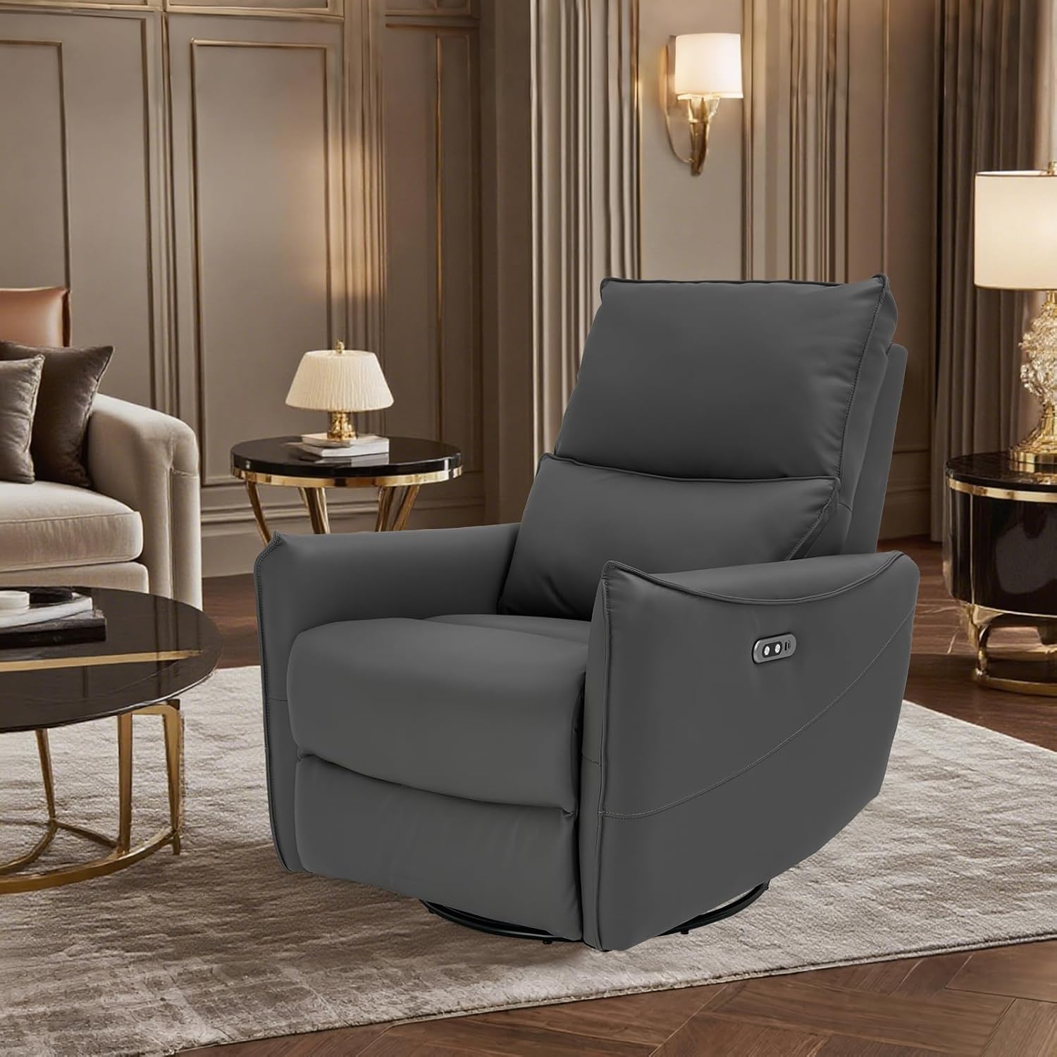 Recliner Sofa Rocking Chair Swivel Power Reclining Adjustable 360 Degree Spinning with Ergonomics Lumbar Support Natural Leather for Home Theater Seating Living Room, Bedroom, Nursery, Grey