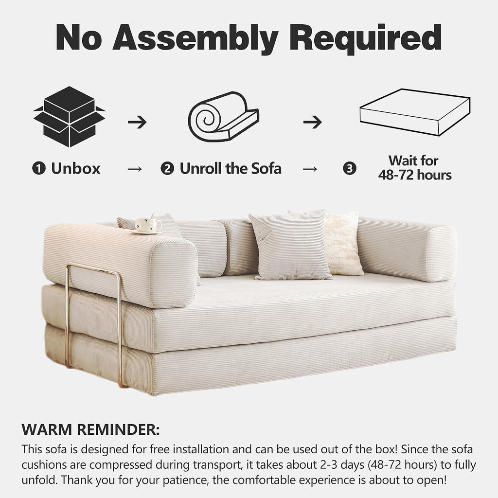 78.8' Convertible Sofa Bed -Compression Sofa with Corduroy Fabric - with Armrests and Backrest - Modular Sectional for Living Room, Bedroom, Studio - Compression Sofa in Box (Beige)