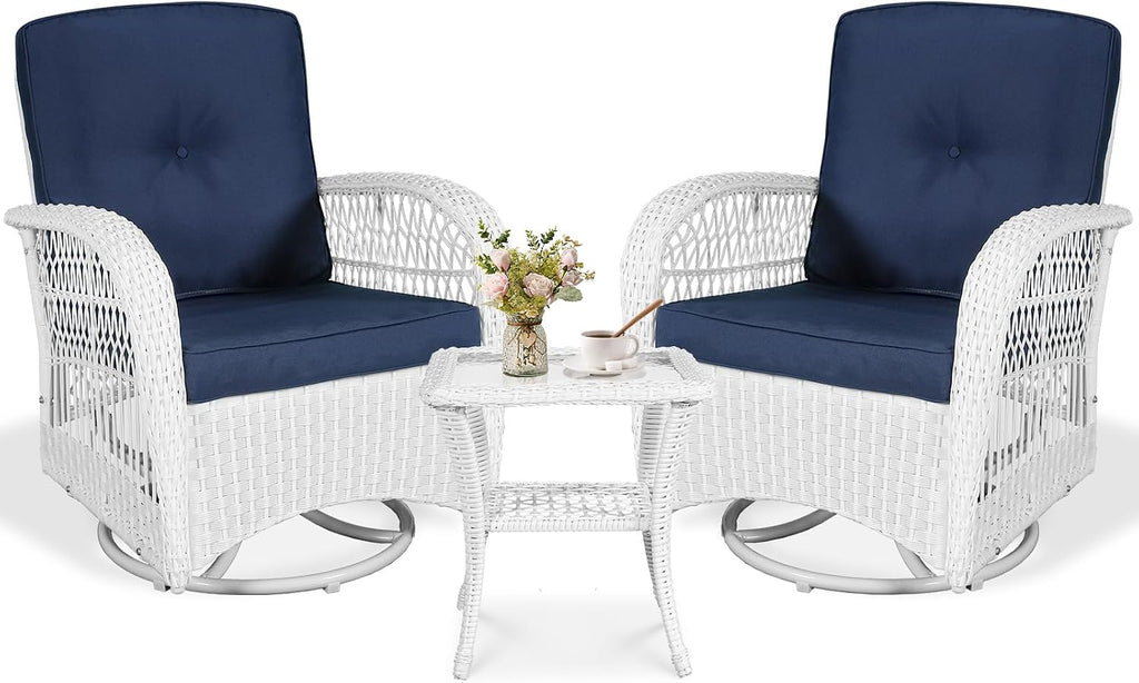 VIVIJASON 3-Piece Patio Conversation Bistro Set, Outdoor Swivel Glider Rocking Chairs Rattan Furniture Set w/ 2 Rattan Chairs, Glass Top Side Table for Porch Backyard, White - Navy Blue
