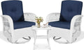 VIVIJASON 3-Piece Patio Conversation Bistro Set, Outdoor Swivel Glider Rocking Chairs Rattan Furniture Set w/ 2 Rattan Chairs, Glass Top Side Table for Porch Backyard, White - Navy Blue