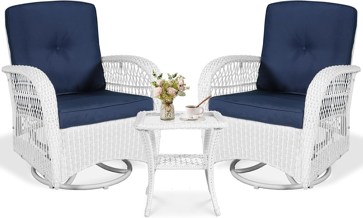 VIVIJASON 3-Piece Patio Conversation Bistro Set, Outdoor Swivel Glider Rocking Chairs Rattan Furniture Set w/ 2 Rattan Chairs, Glass Top Side Table for Porch Backyard, White - Navy Blue