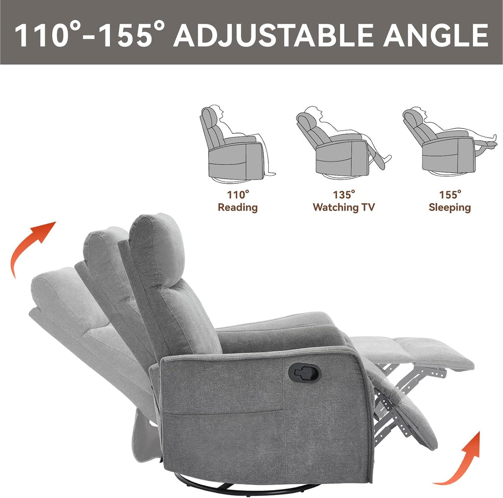 Anwick 360° Swivel Rocker Recliner Chair with Heat and Massage, Manual Upholstered Recliner for Small Spaces, Fabric Glider Nursery Chair with Side Pockets for Living Room (Grey)