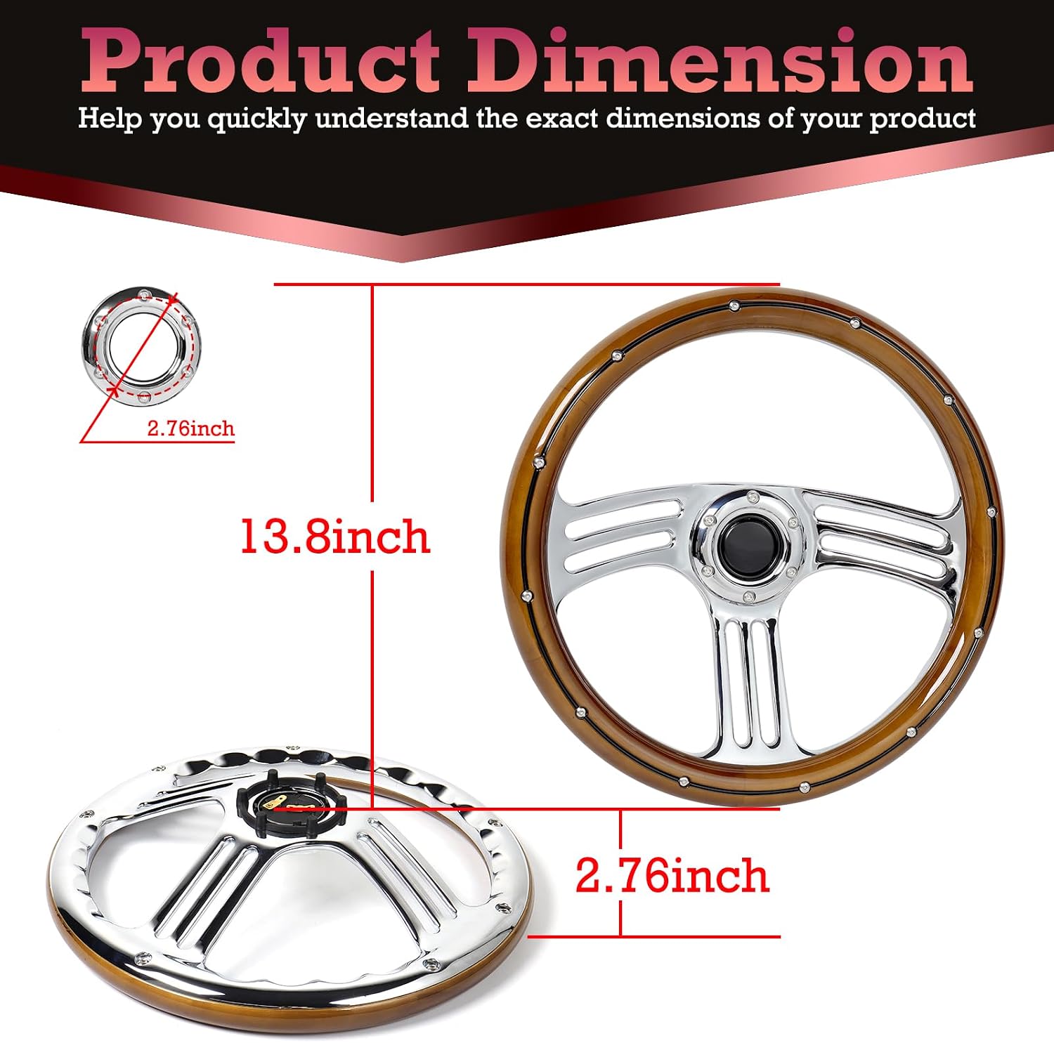 14inch Solid Wood Steering Wheel 350mm Chrome-Plated Aluminum Alloy Spokes, Real Wood Grip, 6-Bolt 3 Spoke Fit for Cars,Vintage Car Classic Car – 70mm Deep Dish Universal Steering Wheel